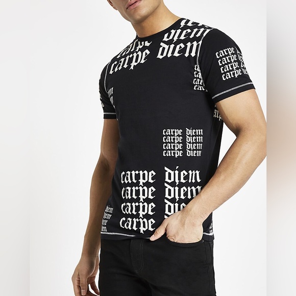 River Island Men's Black 'Carpe Diem' Slim Fit Short Sleeve T-Shirt - Picture 1 of 5